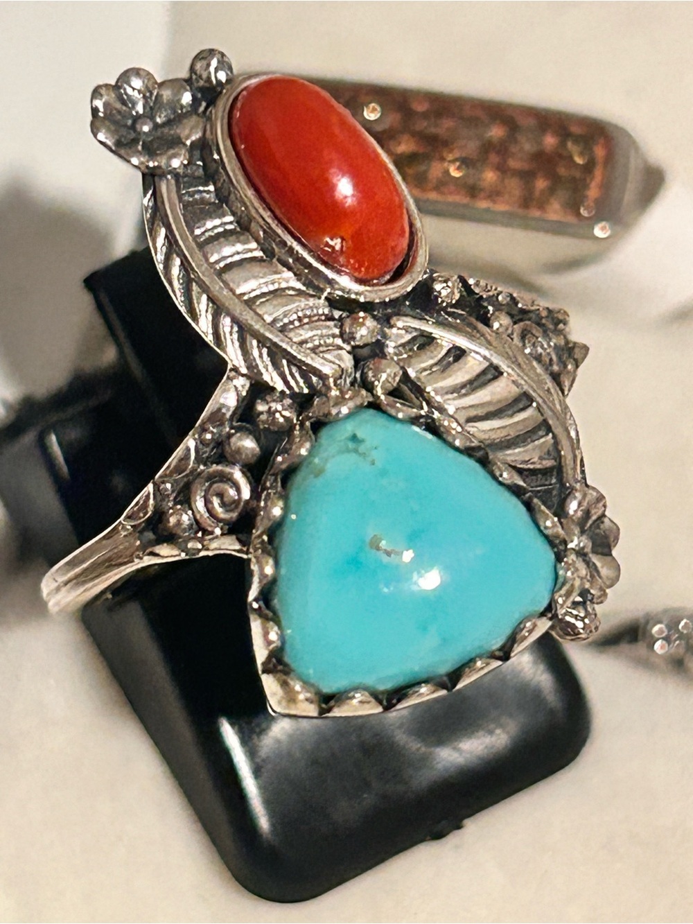 Sterling Silver Turquoise and Coral Leaf Ring - Women Jewelry